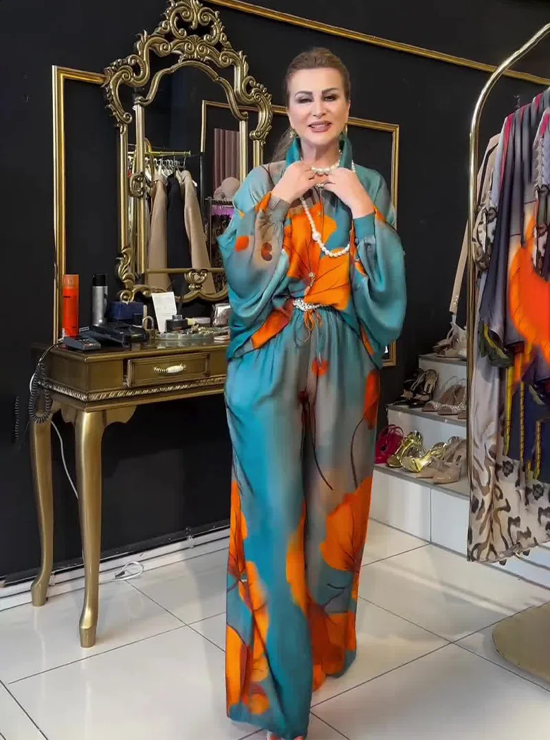 Autumn Printed Satin Top Wide Leg Pants Fashionable Warm Loose Two Piece Set Womens 240930 - view 7