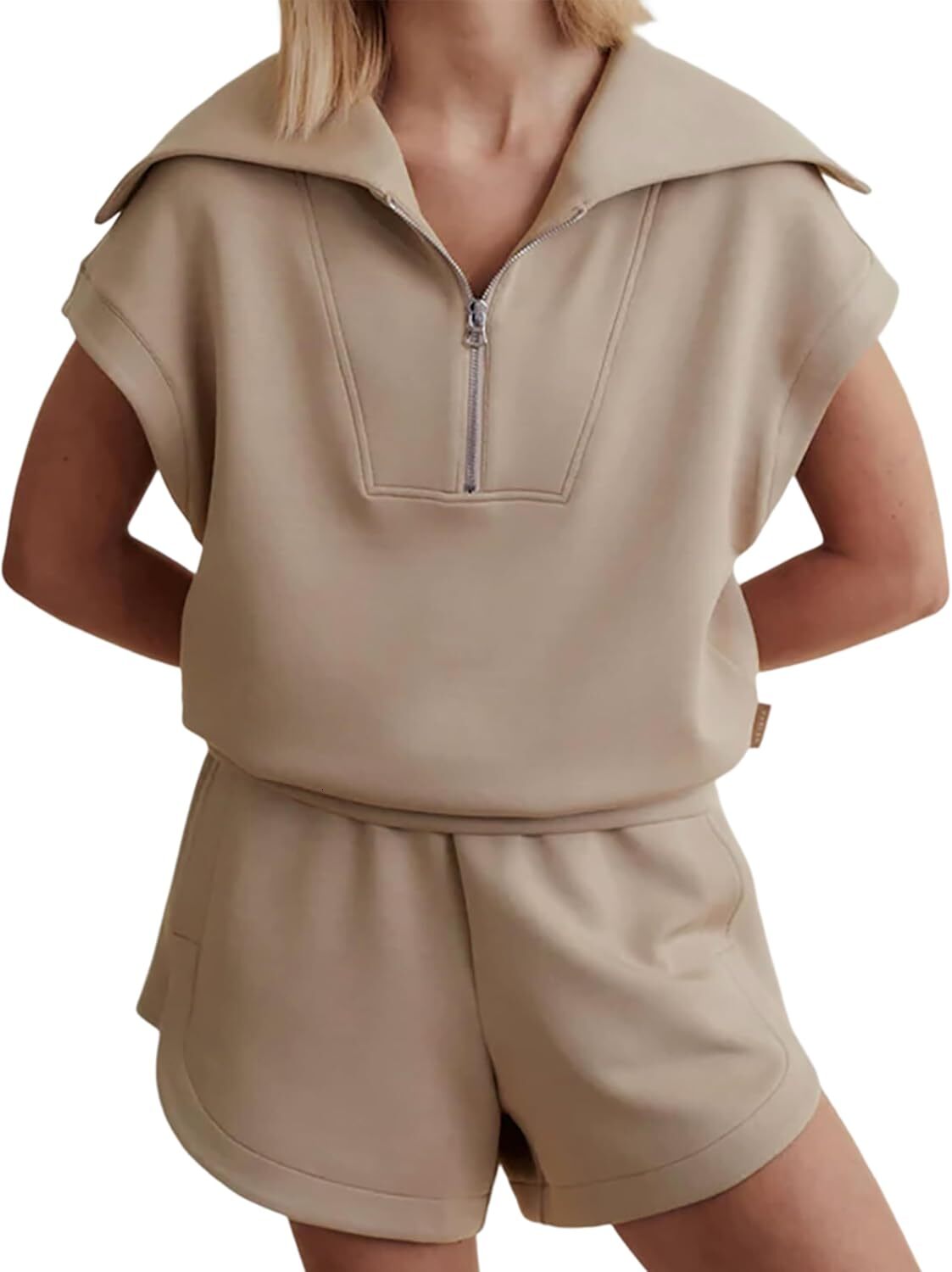 women's twopiece sportswear set with half zipper lapel and covered sleeves high waisted drawstring shorts set sportswear