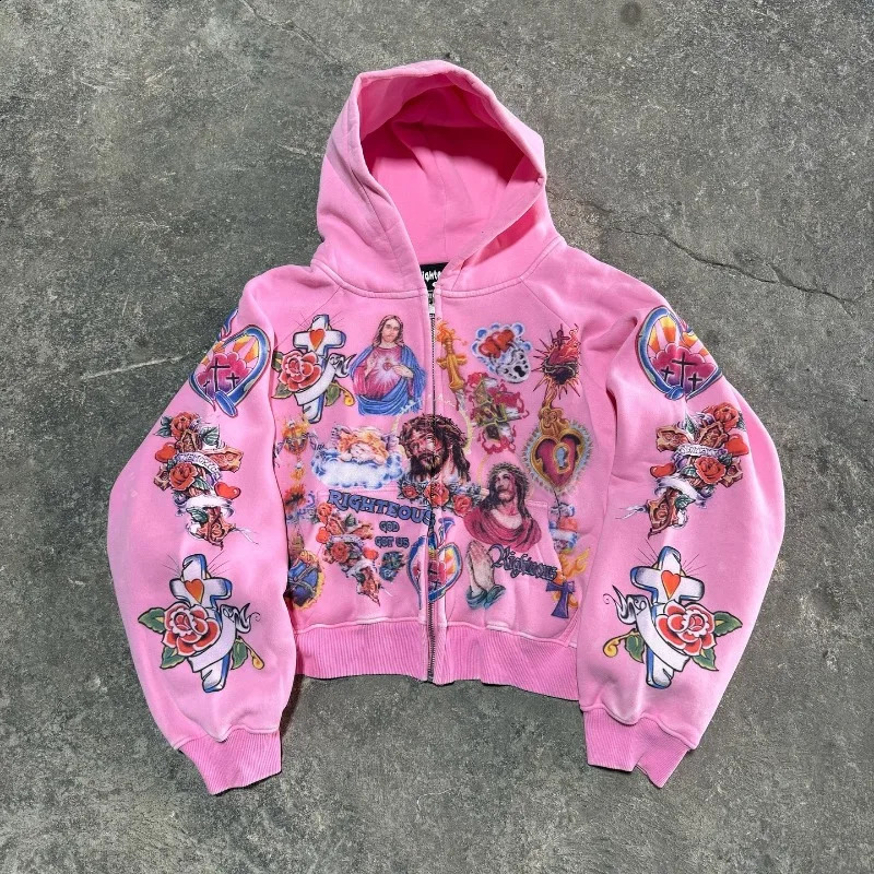 Harajuku Geometry Flower Personalized Printed Zipper Open Fleece Hoodie Mens Y2K Clothing 2000s Retro Rock Pop Sweater 240927