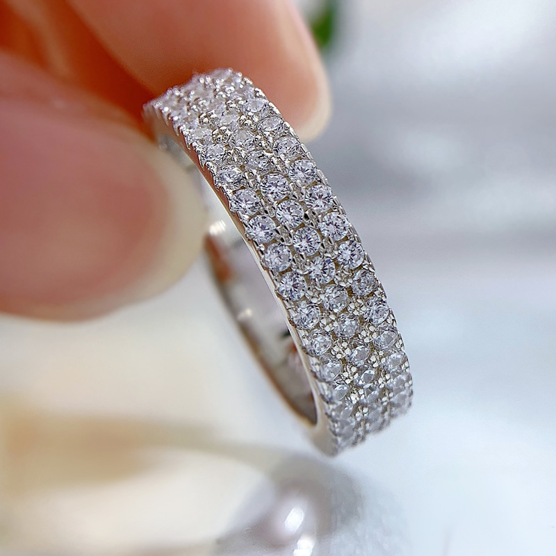 Crafted Elegance: Sterg Sier 3-Row Pave White Moissanite Wedding Band Ring for Women