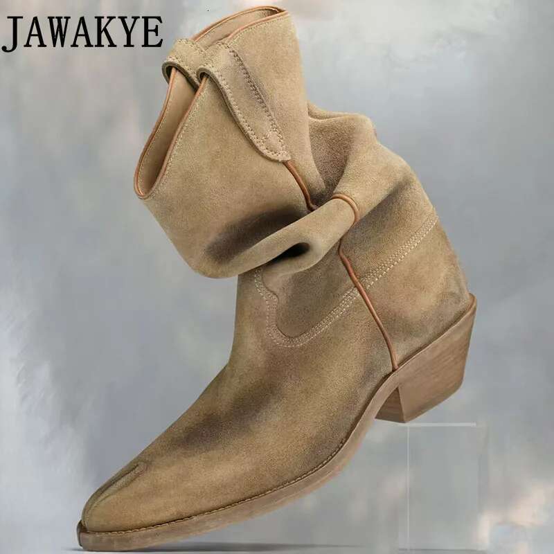 Unisex Western Couple Men & Women's Short Pleated Leather Split Toe Tabi Shoes Cowboy Boots
