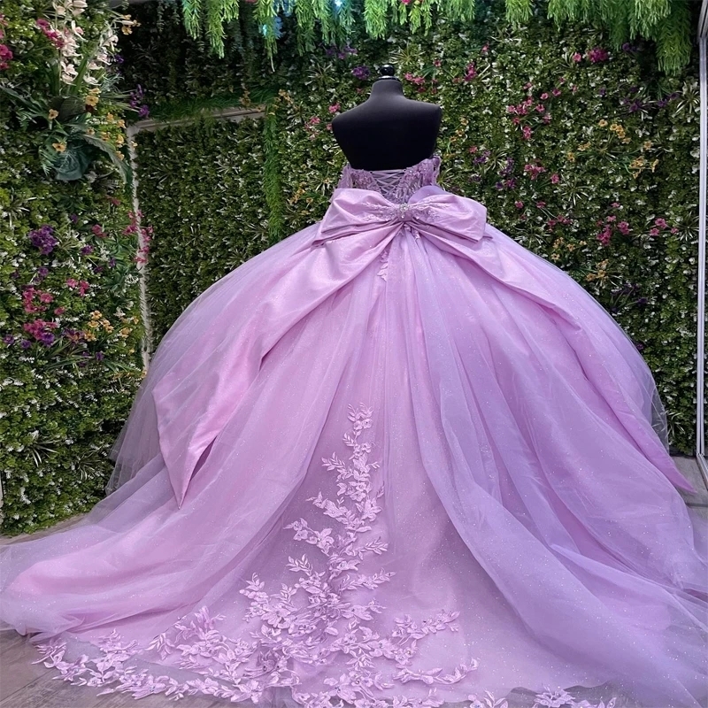 Pink Shiny Off The Shoulder Quinceanera Dresses Ball Gown Appliques Lace Beading Crystal Bow Tull Sweet 16 Dress Vestidos 15 De XV Anos
