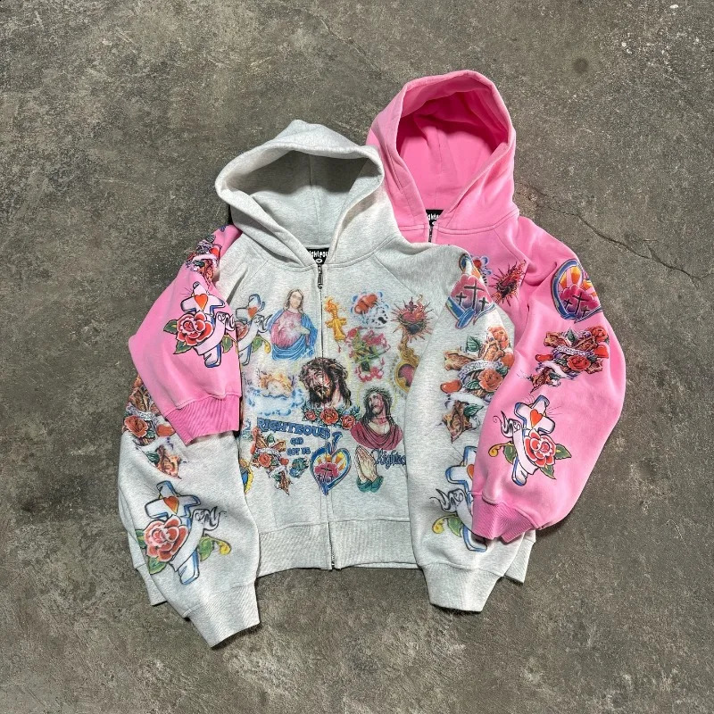 Harajuku Geometry Flower Personalized Printed Zipper Open Fleece Hoodie Mens Y2K Clothing 2000s Retro Rock Pop Sweater 240927