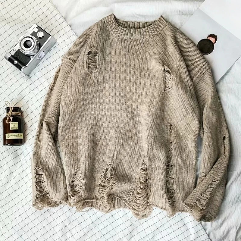 Mens Pulling Tear Crewneck Knitted Sweater Mens Plain weave with holes Solid color Round neck casual Cigar 240930