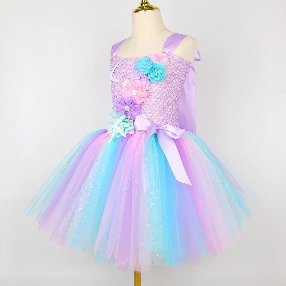 Princess Mermaid Dress Girl Pink Flower Birthday Party Tutu Dress Halloween Little Mermaid Costume Childrens Clothing 240921