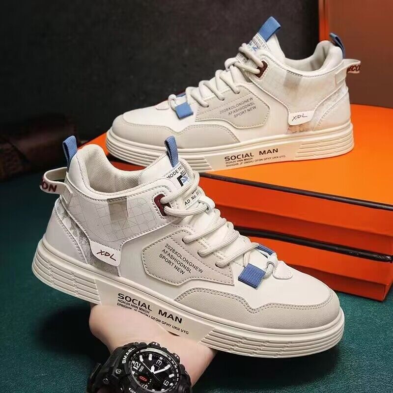 High Top Canvas Men New Breathable White For Spring Autumn Seasons, Men's And Versatile Sports Board Shoes Trendy Shoes