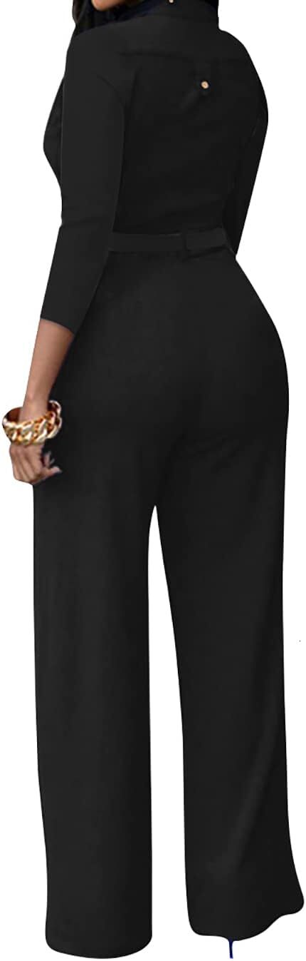 women's sexy seven quarter sleeve jumpsuit vneck high waist long wide leg pants with button up party jumpsuit belt