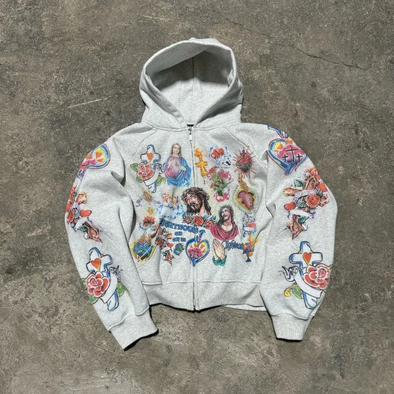 Harajuku Geometry Flower Personalized Printed Zipper Open Fleece Hoodie Mens Y2K Clothing 2000s Retro Rock Pop Sweater 240927