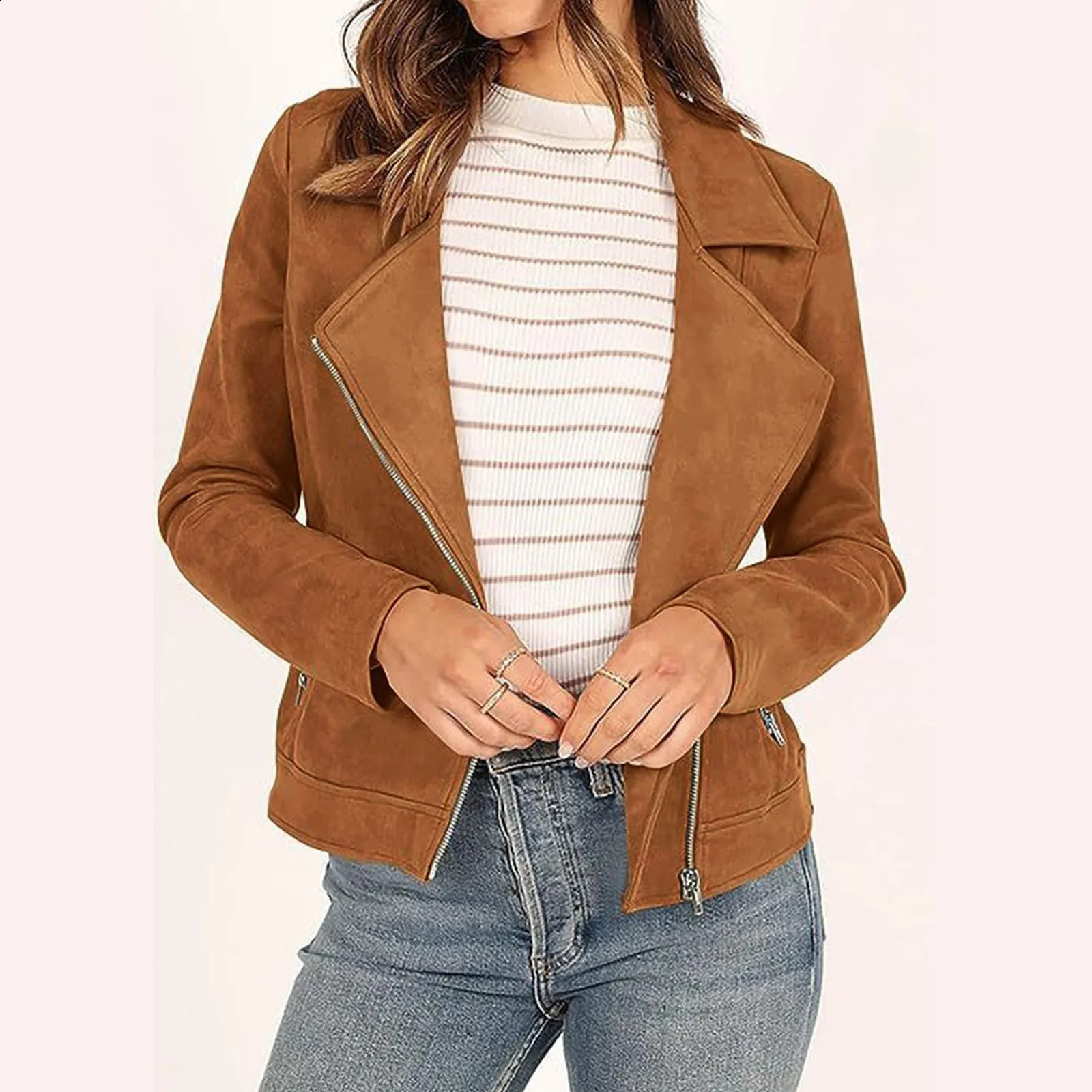 Womens Fall Faux Suede Moto Jacket Fashion Long Sleeve Zipper Short Casual Coats plus Size Fall Coats Zipper Jacket for 240930