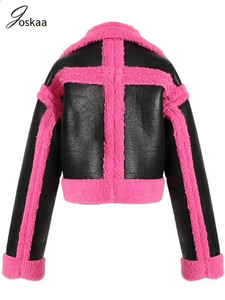 Joskaa Fashion Color Block Faux Leather Jacket Womens Flip Collar Long Sleeve Button Thick Warm Coat Winter Coat 240930