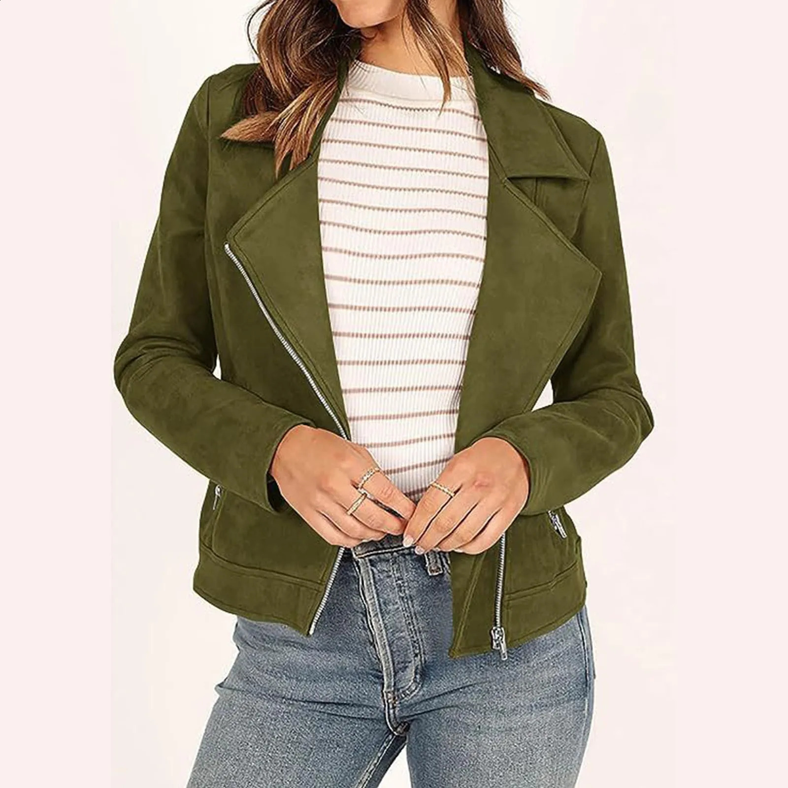 Womens Fall Faux Suede Moto Jacket Fashion Long Sleeve Zipper Short Casual Coats plus Size Fall Coats Zipper Jacket for 240930