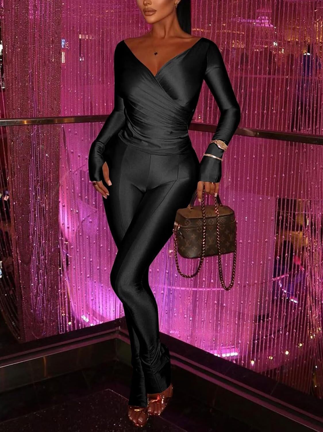 2piece women's sexy off shoulder top tight flared pants set club clothing sportswear