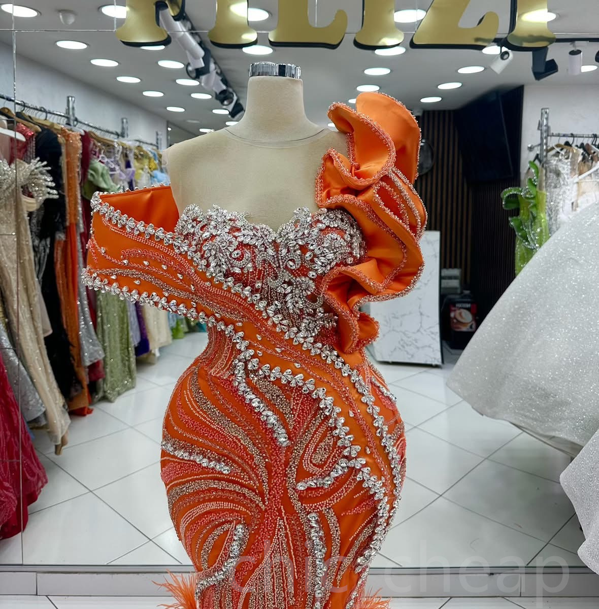 Aso Ebi 2024 Orange Mermaid Prom Dresses Rhinestones Feather Sequined Lace Evening Formal Party Second Reception Birthday Gowns Dress For Special Occa
