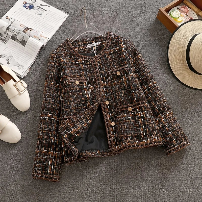 Woolen Jacket Womens Short Autumn Winter Korean Temperament Slim Ladies Tweed Jacket Single-breasted Plaid High-quality Coat 240929