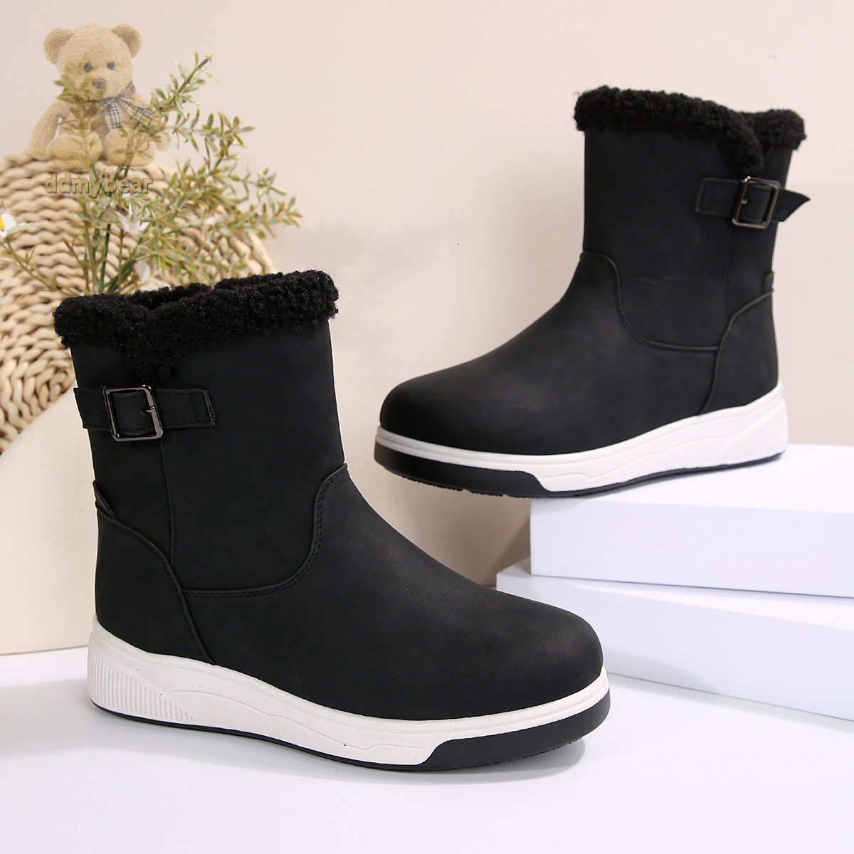Ddmybear Snow For Women In Autumn Winter, Large Size With Fleece And Warm Cotton Shoes, Thick Soled Hairy Short Boots Chinese Brand Shoes F1008-45