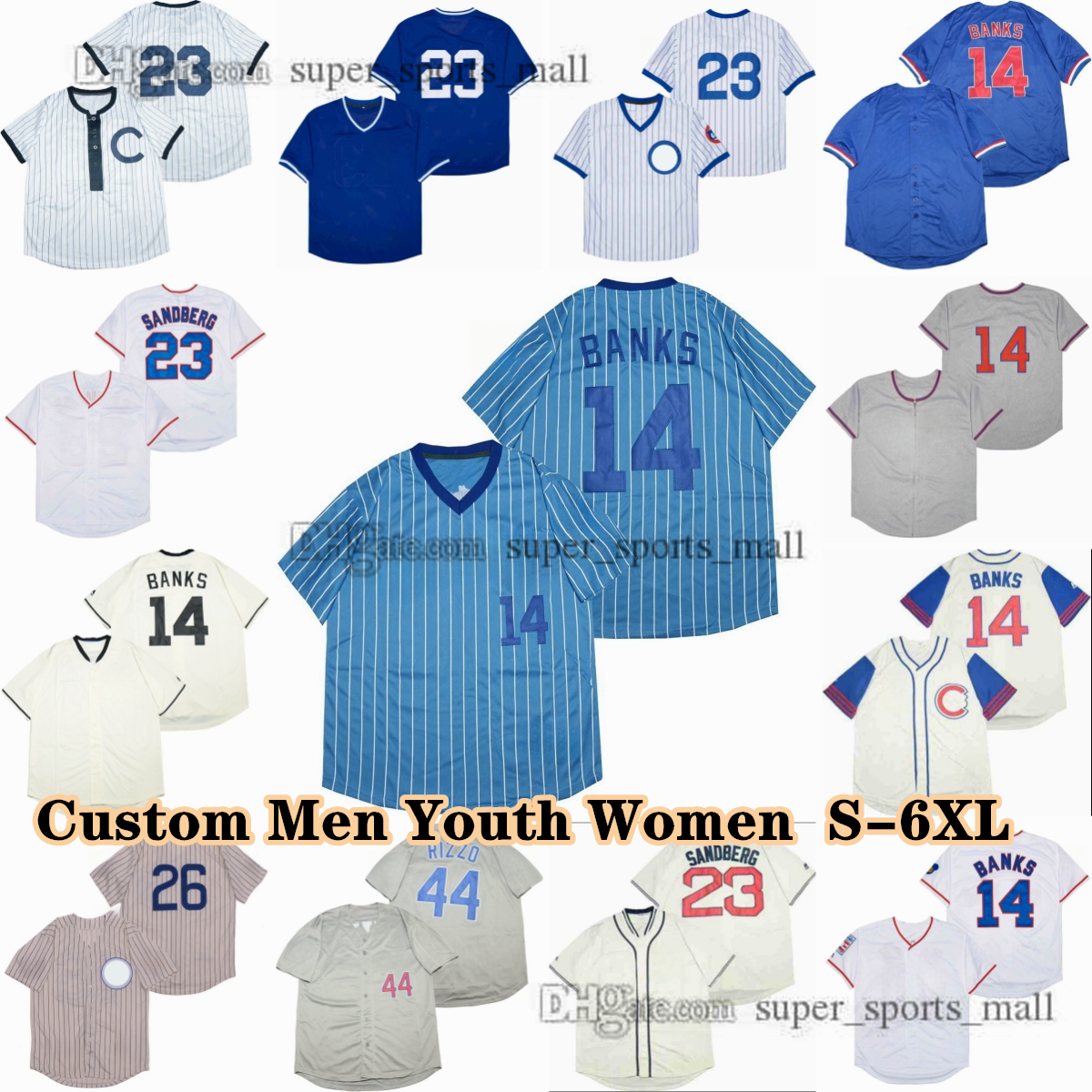 Custom S-6XL Vintage Baseball Jersey 23 Ryne Sandberg Ernie Banks Bill Buckner Ron Santo Dave Kingman Mark Grace Sammy Sosa Jody Davis Shawon Dunston Andre Dawson