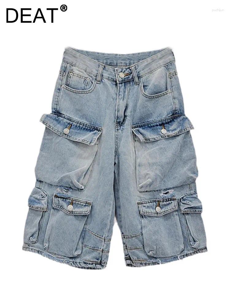 Women's Jeans Denim Shorts High Waist 3d Multiple Pockets Broken Holes Calf-Length Short Pants 2024 Autumn Fashion 33A1597