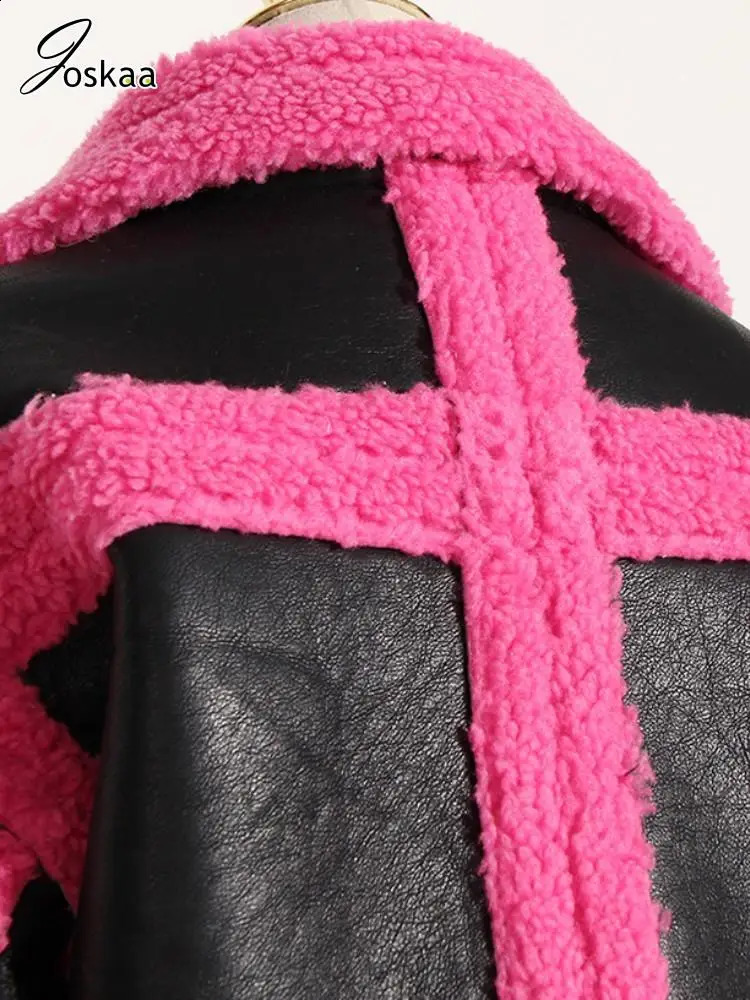 Joskaa Fashion Color Block Faux Leather Jacket Womens Flip Collar Long Sleeve Button Thick Warm Coat Winter Coat 240930