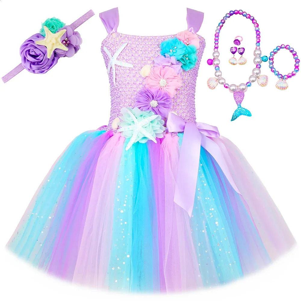 Princess Mermaid Dress Girl Pink Flower Birthday Party Tutu Dress Halloween Little Mermaid Costume Childrens Clothing 240921