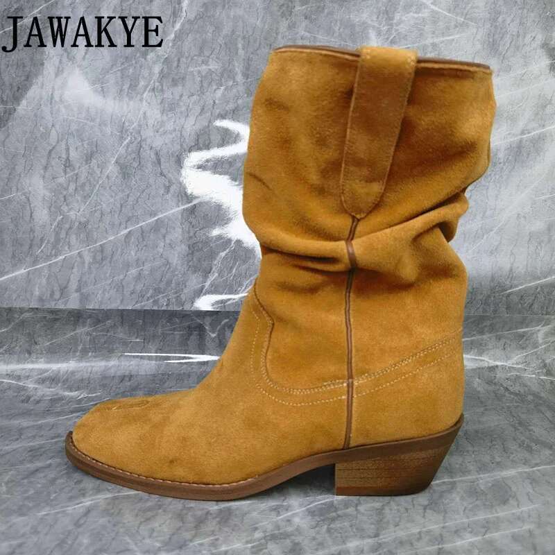 Unisex Western Couple Men & Women's Short Pleated Leather Split Toe Tabi Shoes Cowboy Boots
