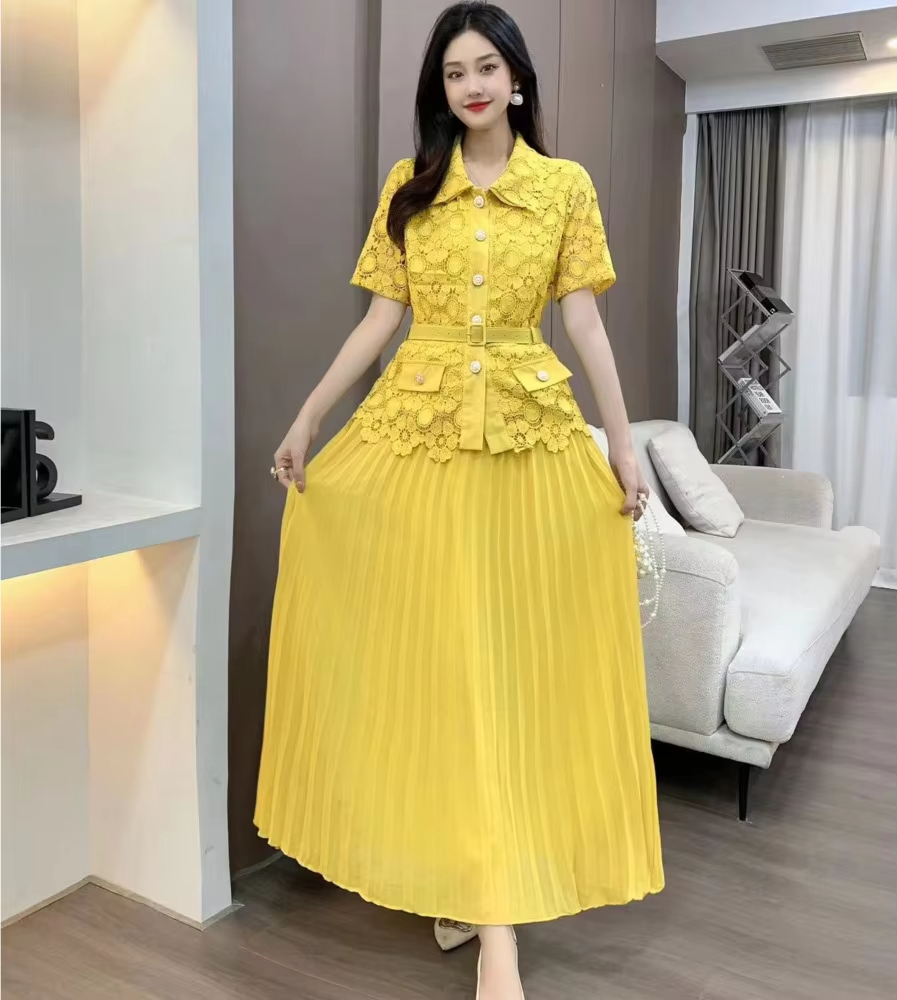 2025 Two Piece Dress New Summer Runway Rose Red Lace Two Piece Set Outfits Women Hollow Out Pocket Shirt Top+Belt Pearls Single Breasted Midi Skirt Su