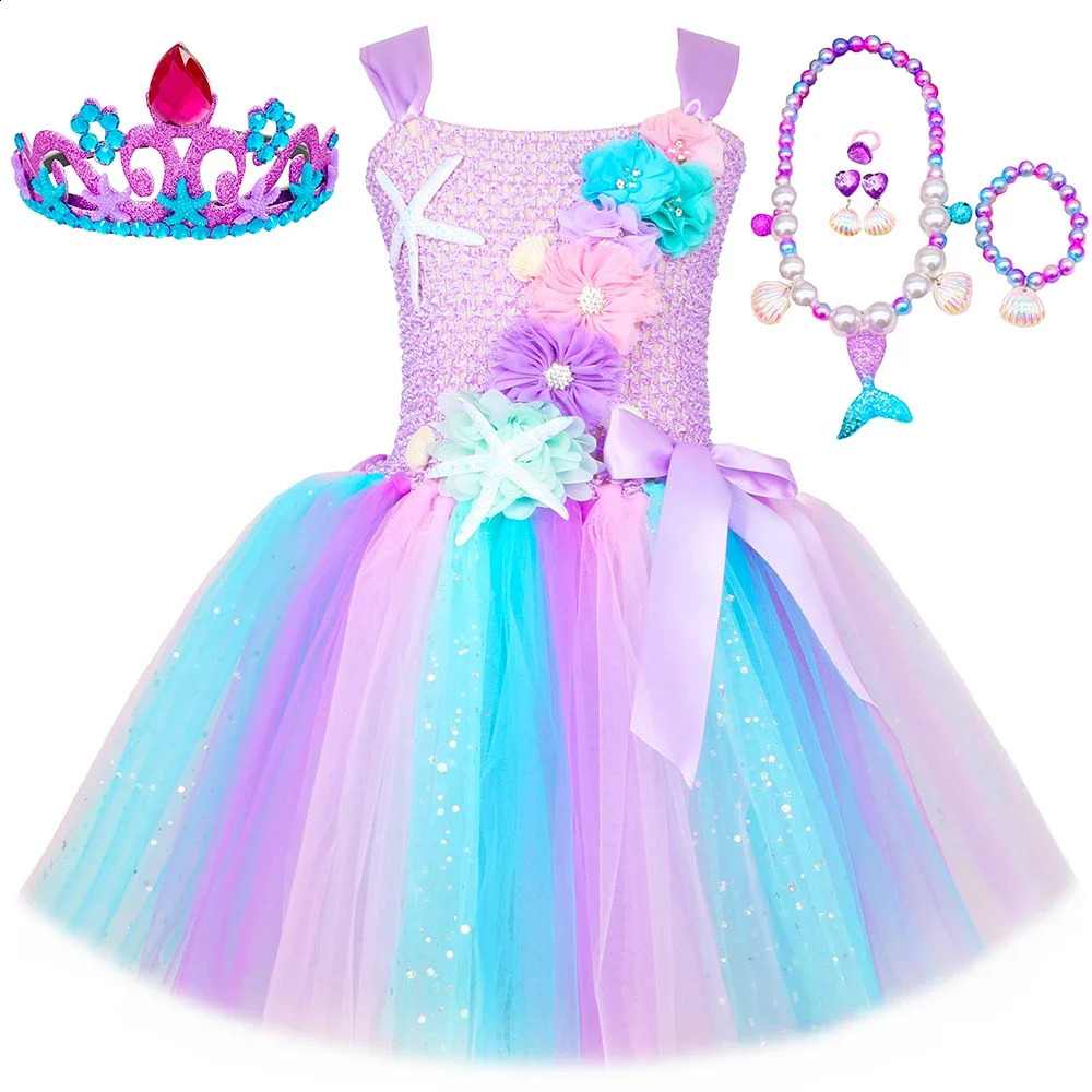 Princess Mermaid Dress Girl Pink Flower Birthday Party Tutu Dress Halloween Little Mermaid Costume Childrens Clothing 240921