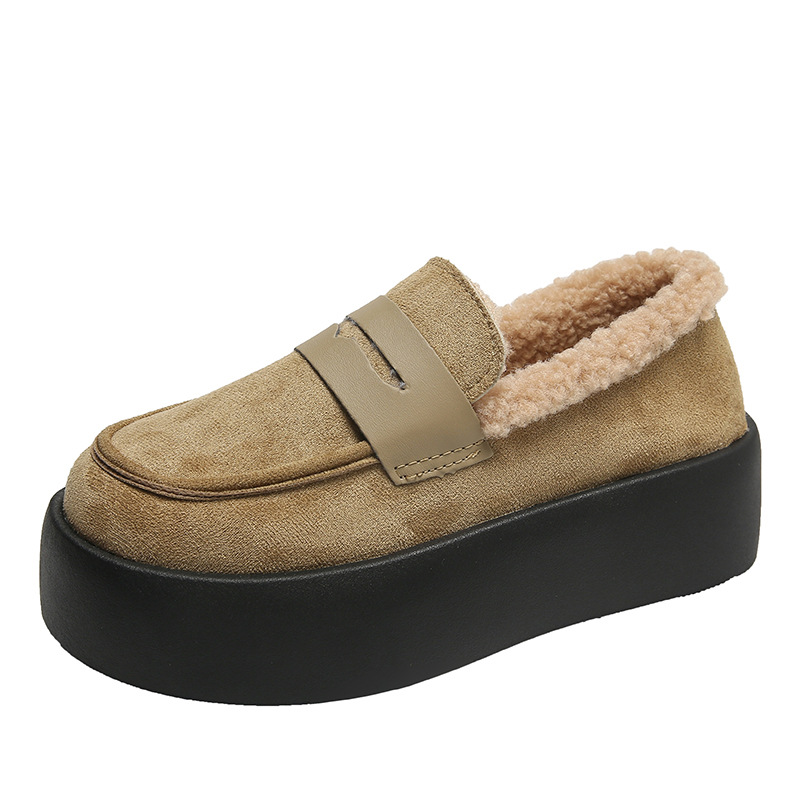 Casual Women's 2024 Thick Sole Fleece Loafers - Khaki Coffee Black ccc2