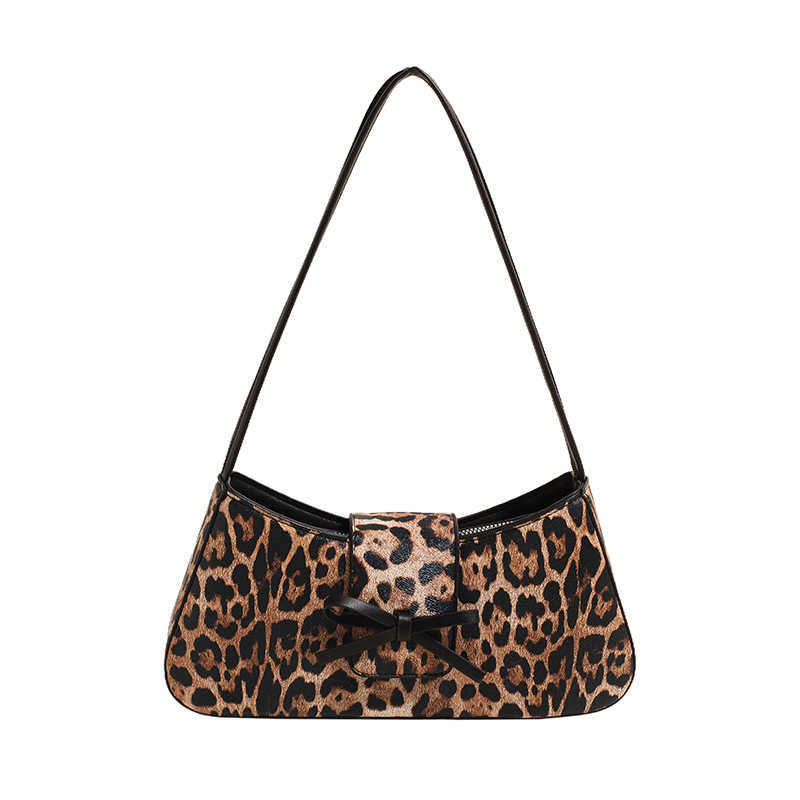 CMM Korean Version of French Stick Armpit Bag Womens Bow New Single Shoulder Small Square Bag Womens Trendy and Personalized Pu Leather Leopard Print 