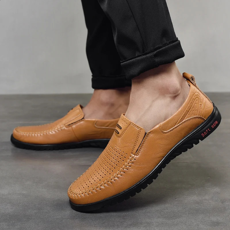 2025 new Men Hollow Handmade Leather Casual Driving Flats Slip-on Moccasins Boat Plus Size 37-47 Loafers Shoes 240924