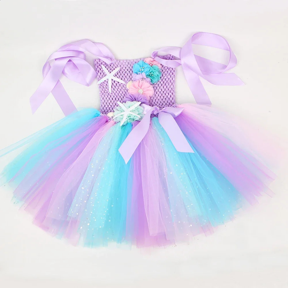 Princess Mermaid Dress Girl Pink Flower Birthday Party Tutu Dress Halloween Little Mermaid Costume Childrens Clothing 240921