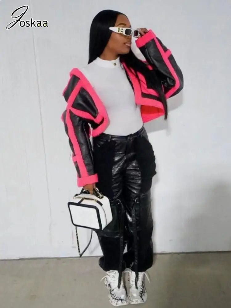 Joskaa Fashion Color Block Faux Leather Jacket Womens Flip Collar Long Sleeve Button Thick Warm Coat Winter Coat 240930