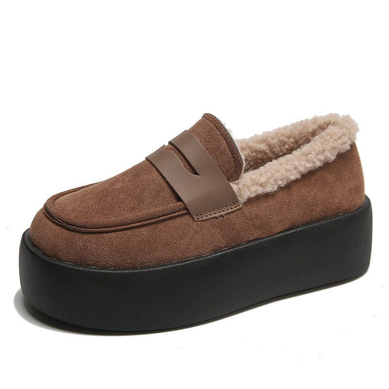 Casual Women's 2024 Thick Sole Fleece Loafers - Khaki Coffee Black ccc2