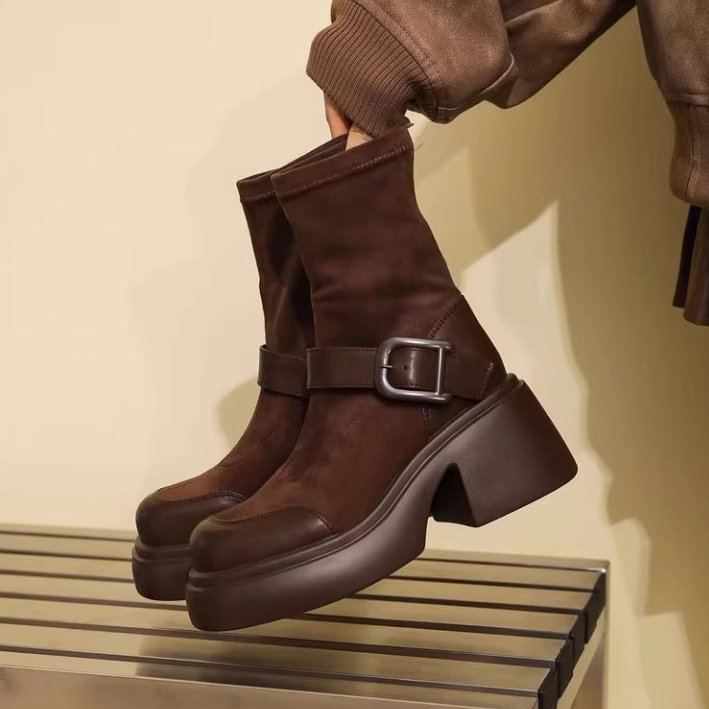 Suede Boots: Trendy Winter Wear, Thick Sole Skinny Boots for Height Increase 8468