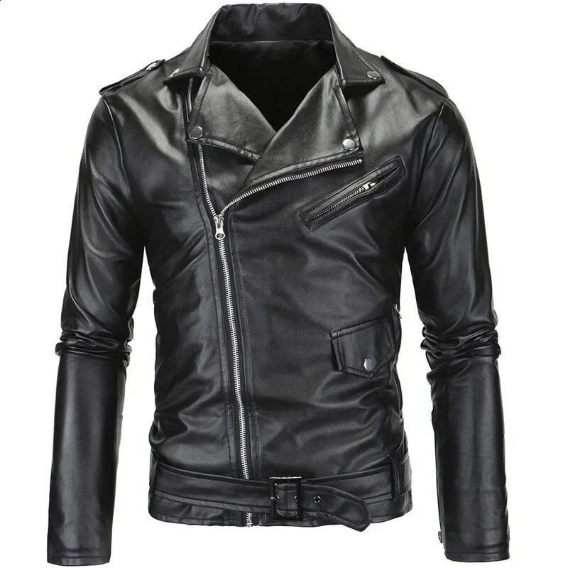 Mens Leather Jackets 2023 White Black Casual Lapel Slim Fit Diagonal Zipper Motorcycle PU Jacket Coat Clothing 240930