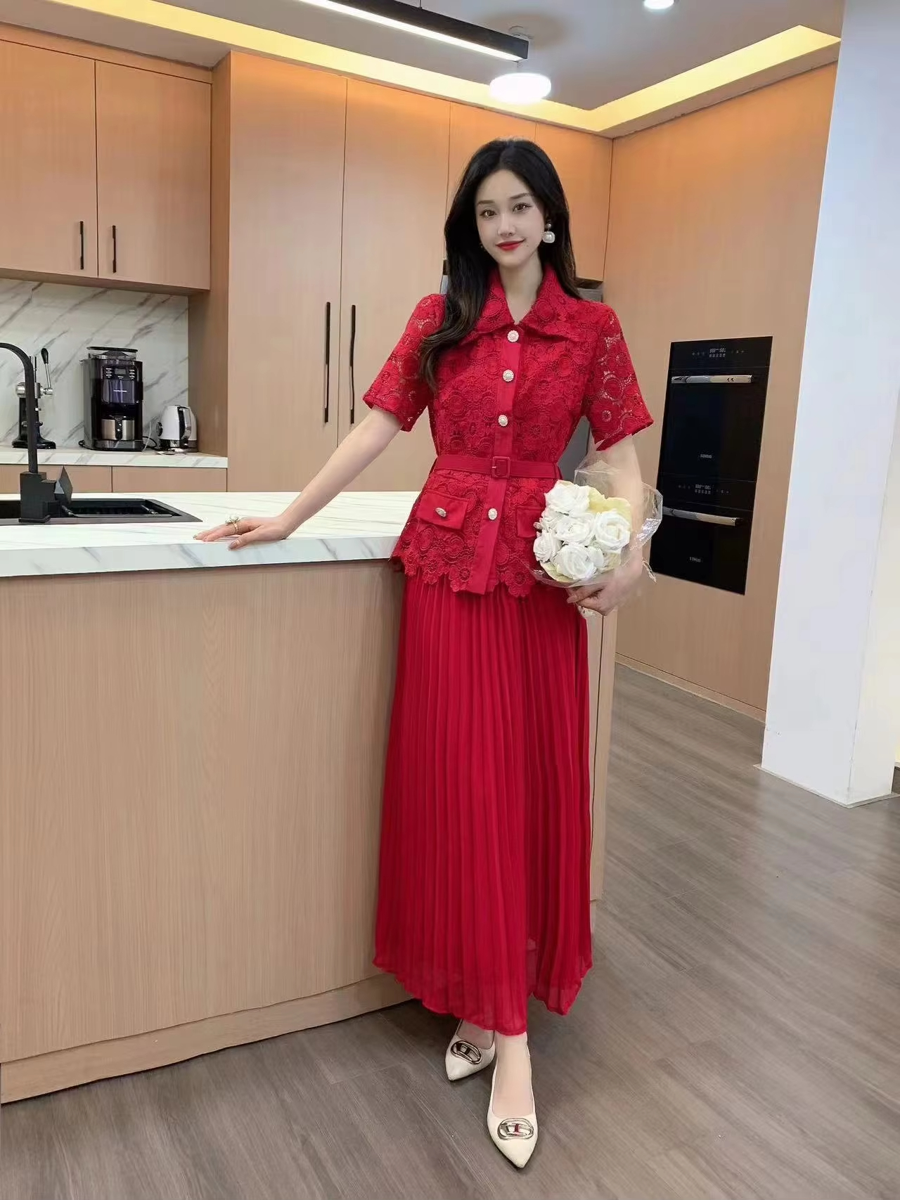 2025 Two Piece Dress New Summer Runway Rose Red Lace Two Piece Set Outfits Women Hollow Out Pocket Shirt Top+Belt Pearls Single Breasted Midi Skirt Su