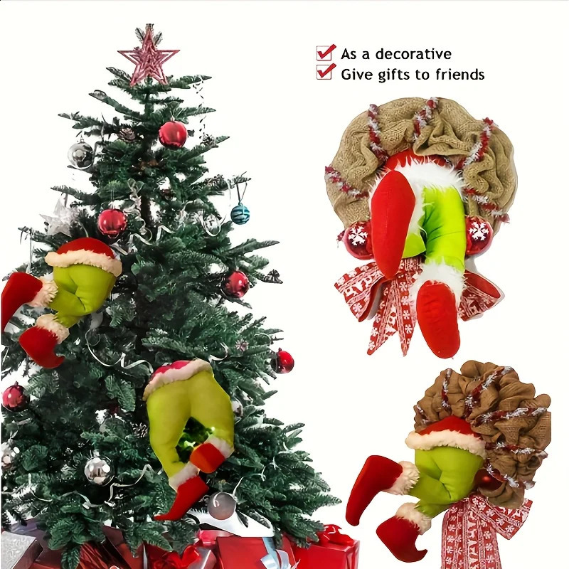 17.72inch Christmas Thief WreathChristmas Elf Leg Wreath Christmas Burlap Wreath Holiday Decoration 240925