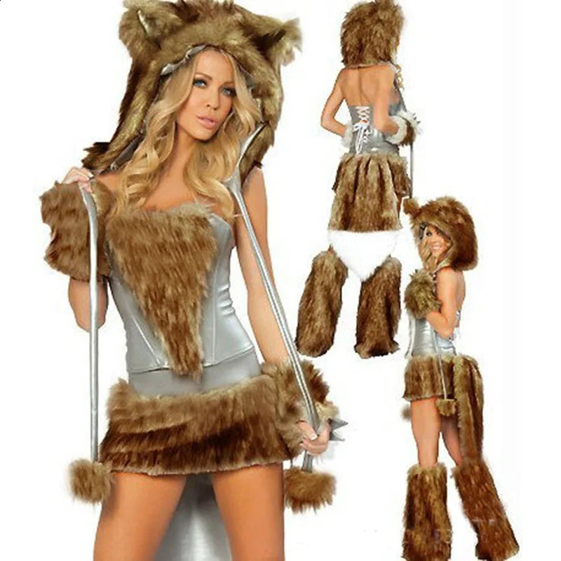 Sexy Plush Clothing Set Womens Big Tail Wolf Leopard Role Playing Winter Hat Tube Top Leg Warm Party Dress 240930