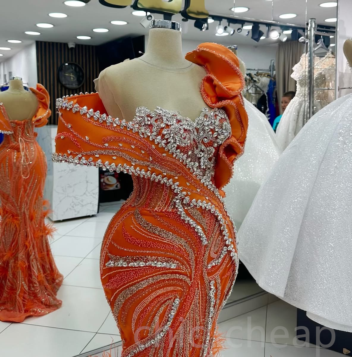 Aso Ebi 2024 Orange Mermaid Prom Dresses Rhinestones Feather Sequined Lace Evening Formal Party Second Reception Birthday Gowns Dress For Special Occa