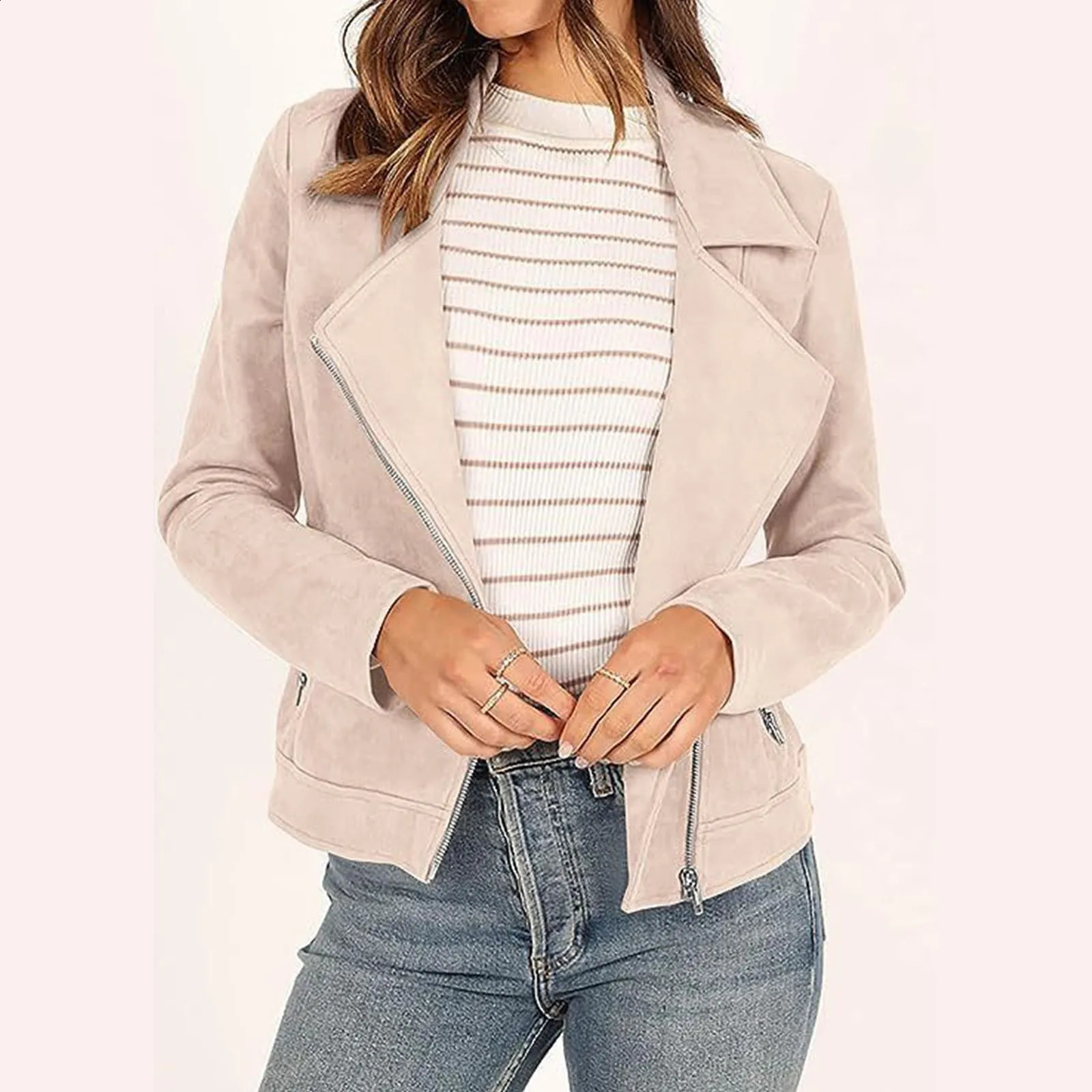 Womens Fall Faux Suede Moto Jacket Fashion Long Sleeve Zipper Short Casual Coats plus Size Fall Coats Zipper Jacket for 240930