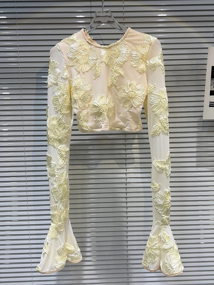 DEAT Fashion Womens Set Embroidered Flower Hollow Long Sleeve Top Elastic High Waist Skirt Set for Women Summer 11X9068 240924