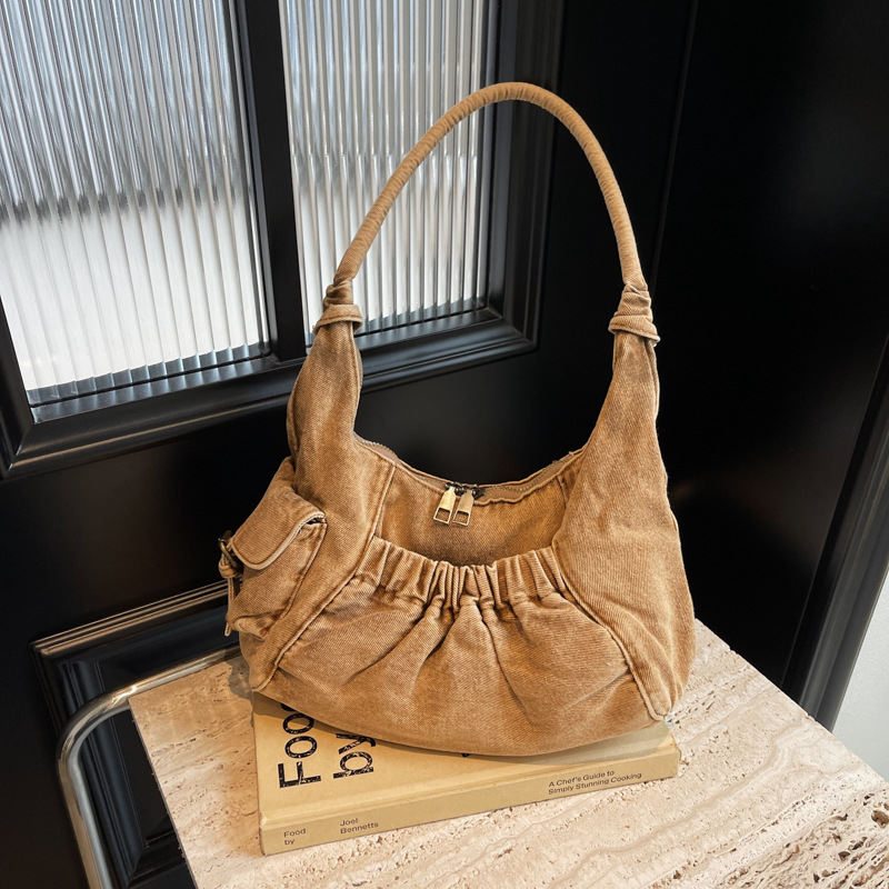 Retro vintage versatile and simple washed denim pleated underarm bag
