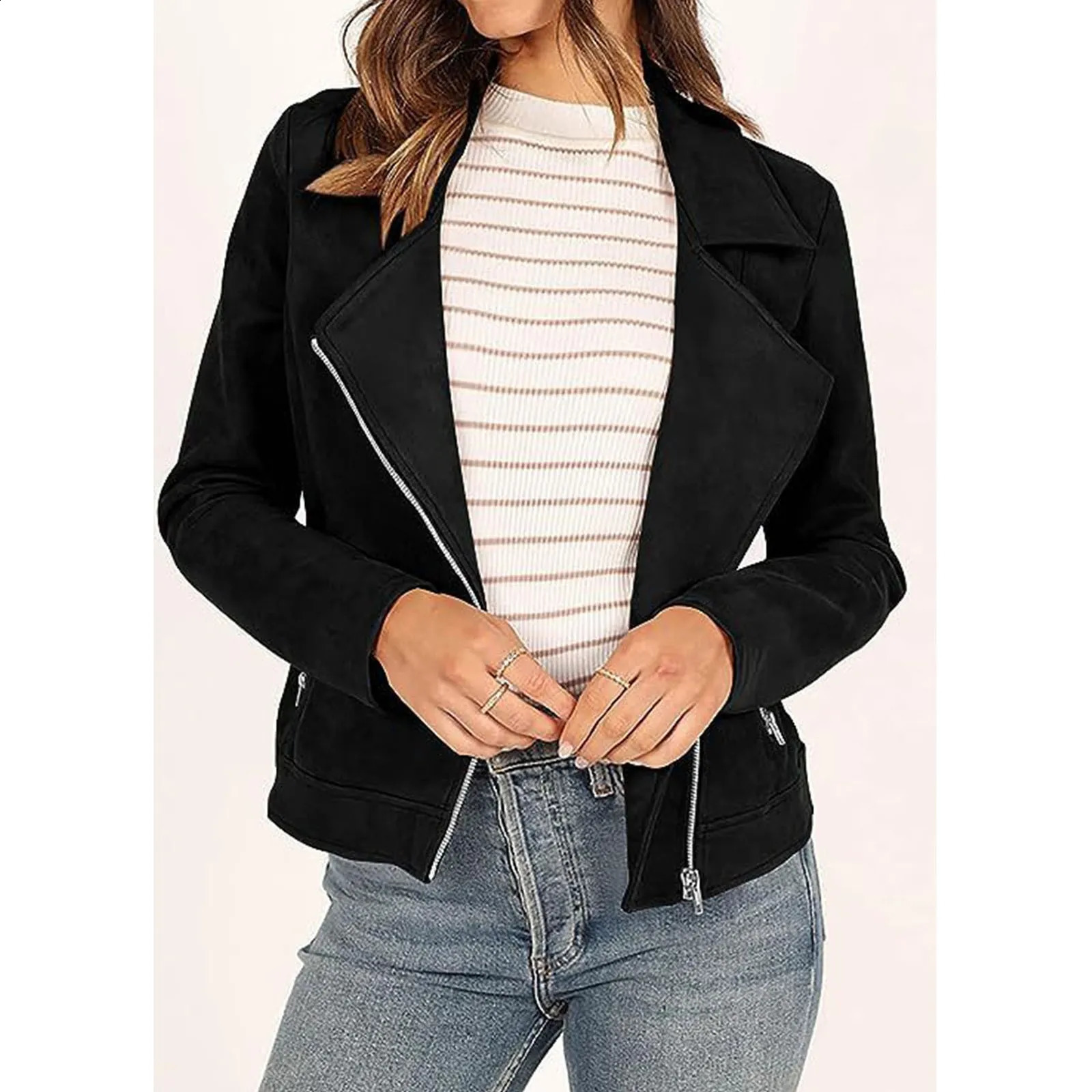 Womens Fall Faux Suede Moto Jacket Fashion Long Sleeve Zipper Short Casual Coats plus Size Fall Coats Zipper Jacket for 240930