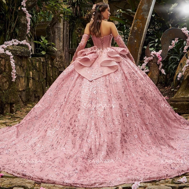 Pink Sparkly Quinceanera Dresses Ball Gown Off The Shoulder Sequin Appliques Lace Beads Crystal Tull Corset For Sweet 16 Dress Vestidos De 15 Aons