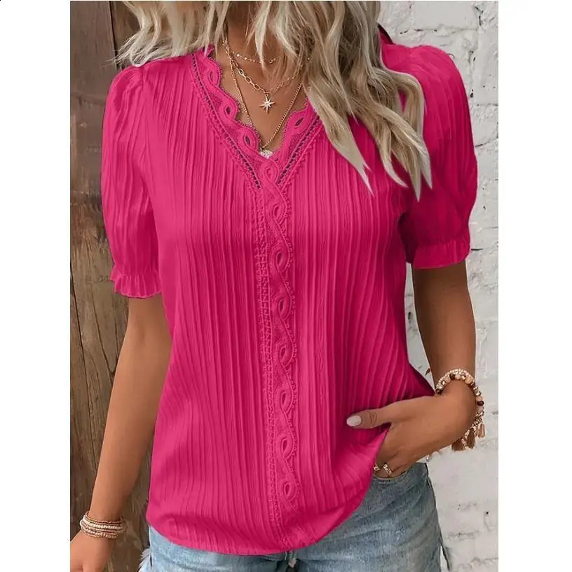 Plus Size Womens Shirt Blouse Yellowgreen Violets White Plain Lace Short Sleeve Casual Basic V Neck Regular Pullover Blo y260711banjia