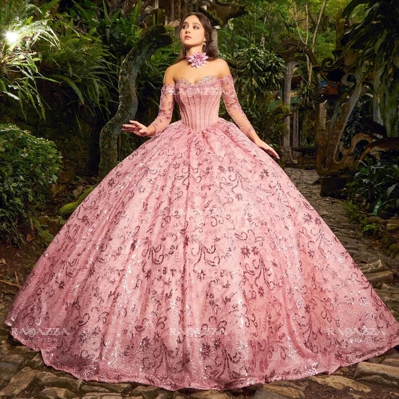 Pink Sparkly Quinceanera Dresses Ball Gown Off The Shoulder Sequin Appliques Lace Beads Crystal Tull Corset For Sweet 16 Dress Vestidos De 15 Aons