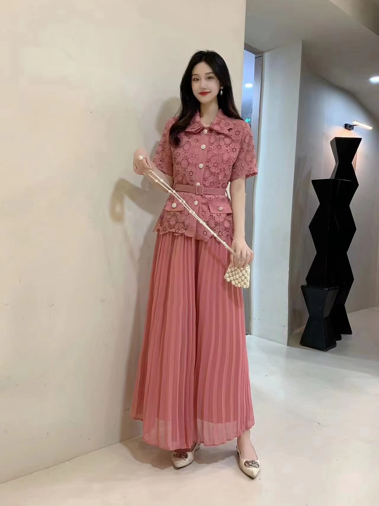 2025 Two Piece Dress New Summer Runway Rose Red Lace Two Piece Set Outfits Women Hollow Out Pocket Shirt Top+Belt Pearls Single Breasted Midi Skirt Su
