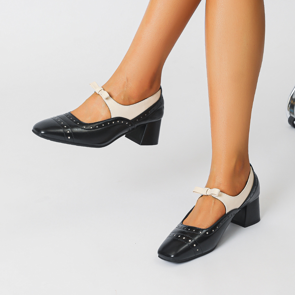 Russian shoes with square toe, high heels, color blocking, suitable for chubby wide feet, women's shoes, big size 35-43