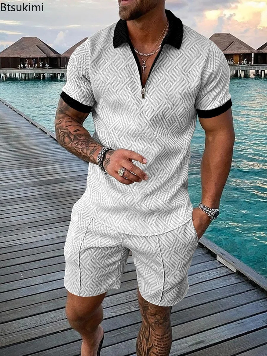 Mens Polo Set Fashion Mens Set Solid Summer V-neck Zipper Short Sleeve Polo ShirtTwo piece Mens Casual Set 240930