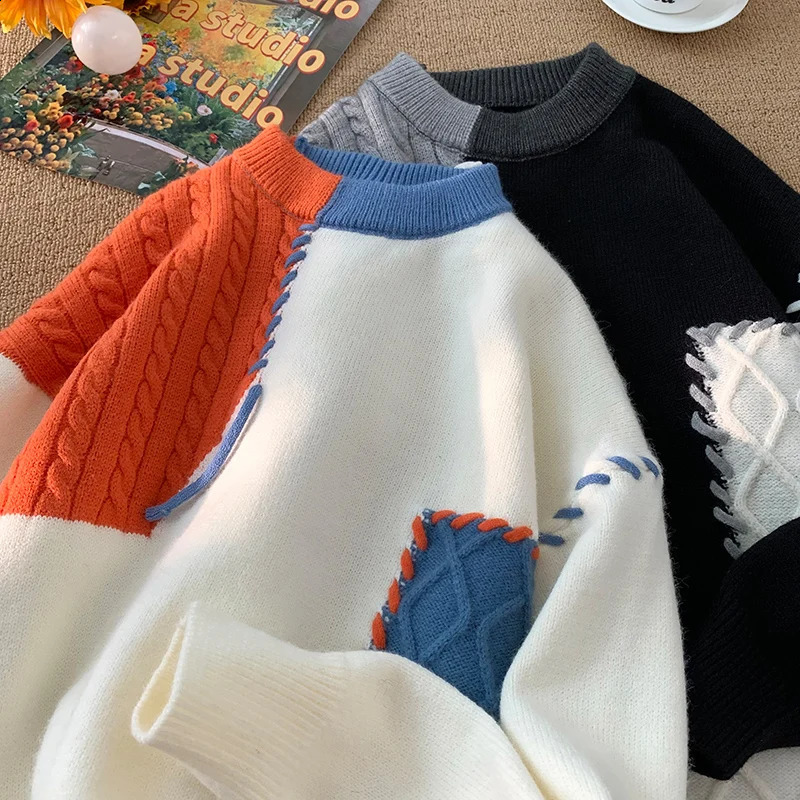 2024 Autumn Winter Warm Sweaters Patchwork Pullovers Korean Style Round Neck Knitted Sweater Men Women Fashion Knitwear 240926