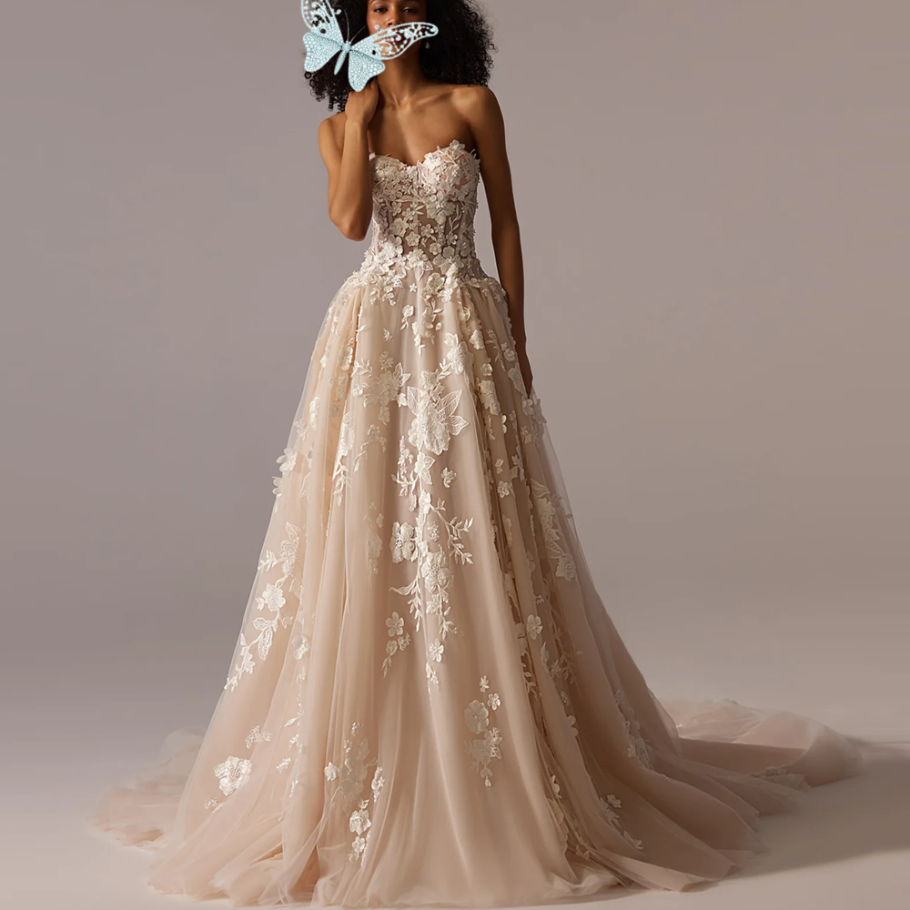 Boho Glitter Long Sleeves Floral Weeding Dress Deep Scoop Side Split A-Line Lace Appliques Bridal Gownss Bridal Gownss 01